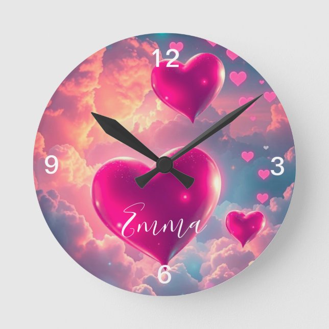 Rosa schwebende Herzen im Himmel Runde Wanduhr (Vorderseite)
