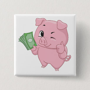 Rosa Schwein hält Bargeld und gibt Daumen hoch Button