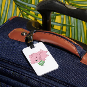 Rosa Schwein mit Geld hält Daumen hoch Gepäckanhänger