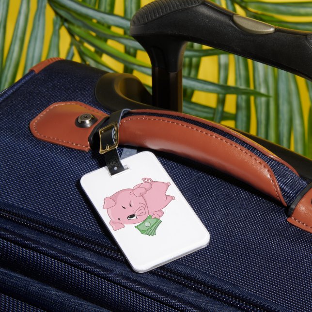 Rosa Schwein mit Geld hält Daumen hoch Gepäckanhänger (Vorderseite Insitu 1)