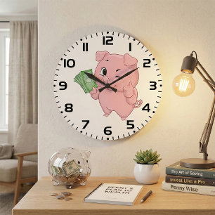 Rosa Schwein mit Geld hält Daumen hoch Große Wanduhr