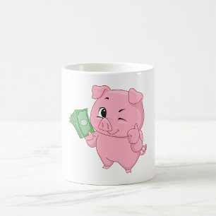 Rosa Schwein mit Geld hält Daumen hoch Kaffeetasse