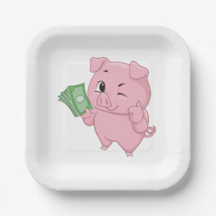 Rosa Schwein mit Geld hält Daumen hoch Pappteller