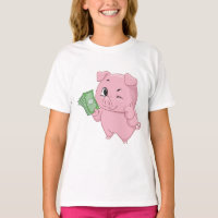 Rosa Schwein mit Geld hält Daumen hoch
