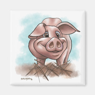 Rosa Schweinchen im Stroh Cartoon Magnet