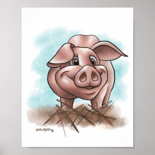 Rosa Schweinchen im Stroh Cartoon Poster