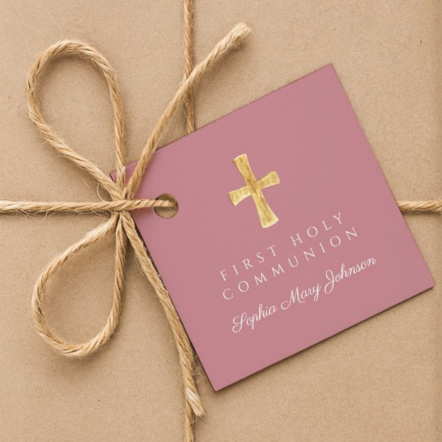 Rosa Script Cross Girl Erste Kommune Geschenkanhänger (Pink Script Cross Girl First Communion Favor Tags)
