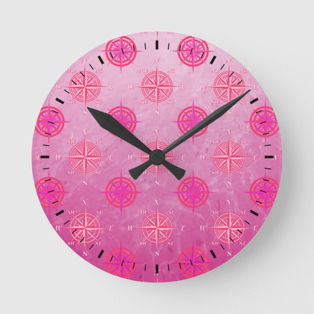 Rosa Seekompass-Rose Runde Wanduhr (Vorderseite)