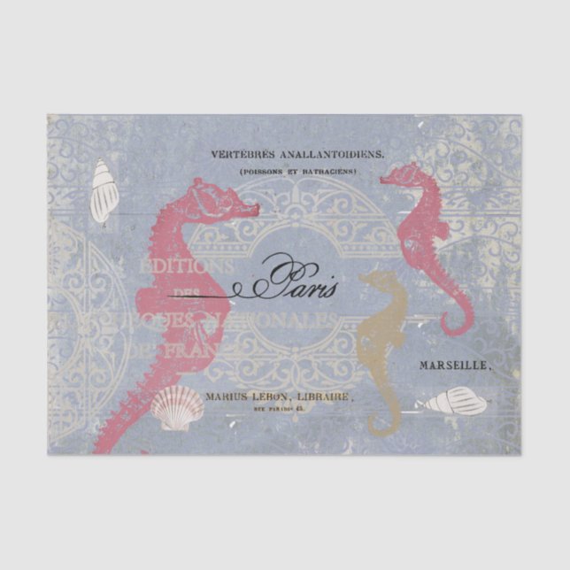 Rosa Seepferd Meer Muschel Blau Französische Deko  Seidenpapier (Vorderseite)