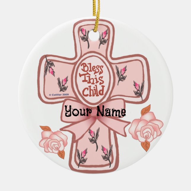 Rosa Segen Dieses Kind Christliche Kreuzverzierung Keramik Ornament (Vorne)