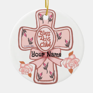 Rosa Segne Dieses Kind Christliches Kreuz-Ornament Keramik Ornament