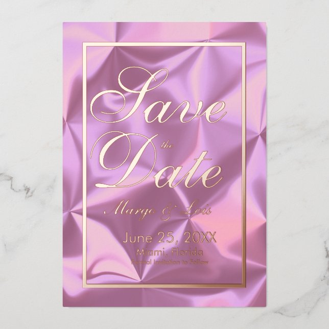 Rosa Seide Save the Date Gold gepresst Folieneinladung (Vorderseite)