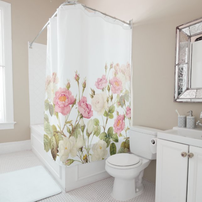 Rosa Sepia-Vintage Rosen-Wiesen-Illustration Duschvorhang (Beispiel)