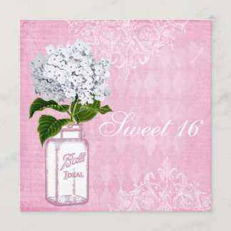 Rosa Shabby Chic Jar & Hydrangea Süß 16 Einladung