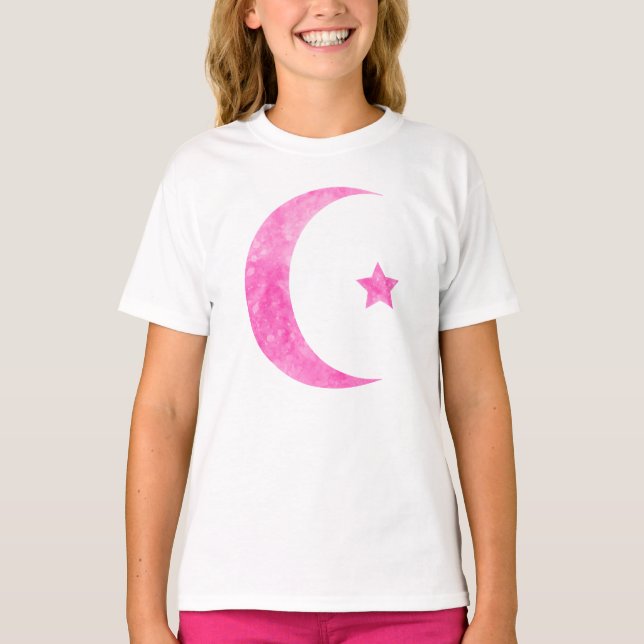 Rosa sichelförmiger Mond-und Stern-T - Shirt (Vorderseite)