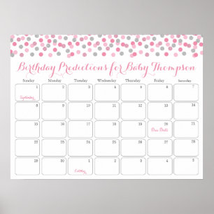 Rosa Silber Baby Geburtstags Vorhersage Kalender Poster