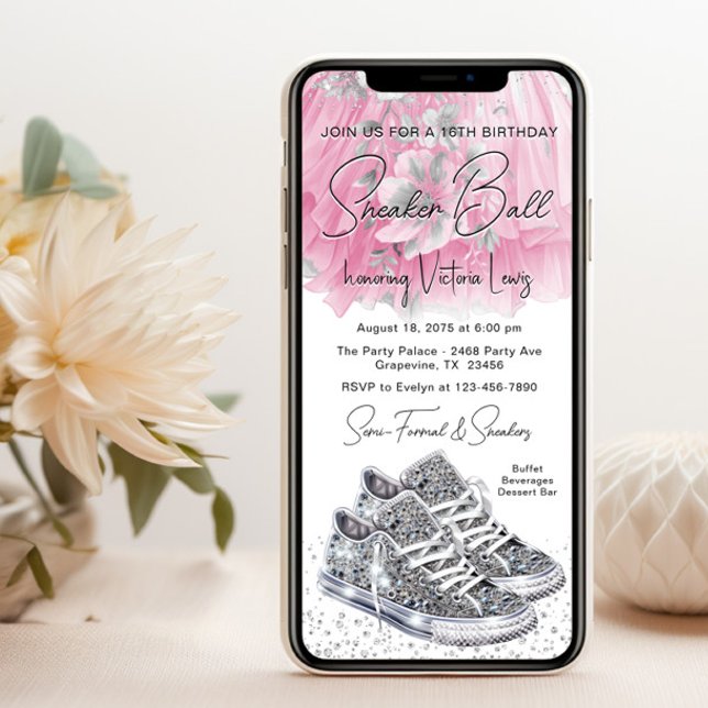 Rosa Silber Diamond Sneaker Ball Geburtstag Telefo Einladung (You can change all of the text, fonts, wording as needed for your event.)