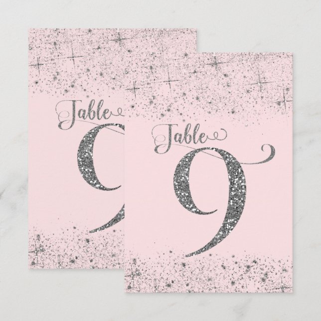 Rosa Silber Glitter-Tischzahlen Nummer 9 Einladung (Vorne/Hinten)