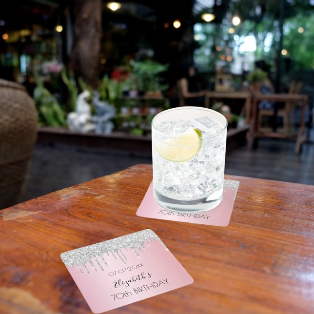 Rosa silber Glitzer Tropfen Geburtstag Rechteckiger Pappuntersetzer (Von Creator hochgeladen)