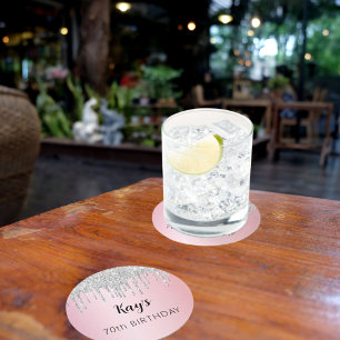 Rosa silber Glitzer Tropfen Geburtstag Runder Pappuntersetzer