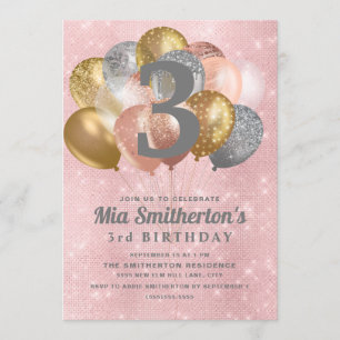 Rosa Silber Gold Luftballons Mädchen 3. Geburtstag Einladung