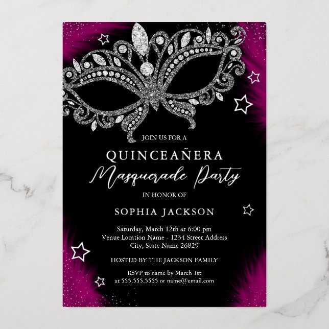 Rosa Silber Masquerade Maske Star Quinceanera Folieneinladung (Vorderseite)