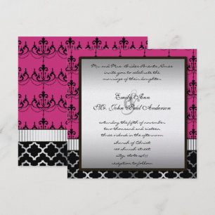 Rosa Silber & Schwarzer Kronleuchter Hochzeitseinl Einladung