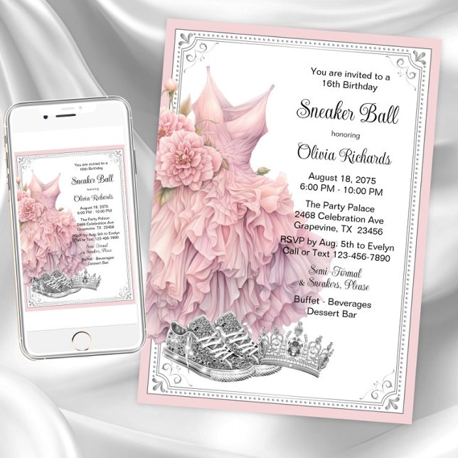 Rosa Silber Sneaker Ball Geburtstagsparty Einladung (Pink silver sneaker ball invitation. Instant download and printed invitations available.)