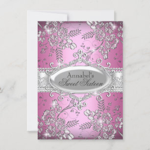 Rosa Silber-Sparkling-Blumen-Sweet-16-Einladung Einladung