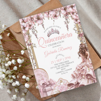 Rosa Silber-Tiara-Blumen-Quinceañera Einladung