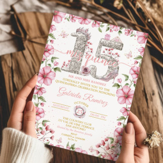 Rosa Silber- und Goldtiarett Mis Quince Quinceañer Einladung