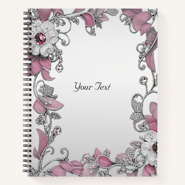 Rosa Silber White Floral Notebook Notizbuch (Vorderseite)