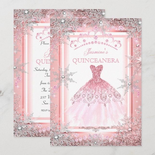 Rosa Silber Winter Wonderland Quinceanera Party 2 Einladung (Vorne/Hinten)