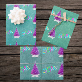 Rosa Silberbäume farbenfrohe Weihnachtsschrift Geschenkpapier Set