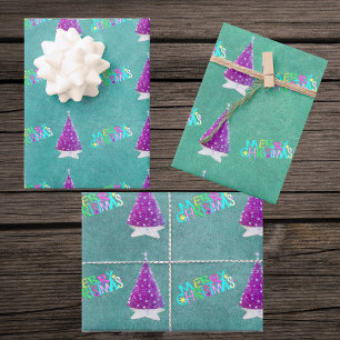 Rosa Silberbäume farbenfrohe Weihnachtsschrift Geschenkpapier Set