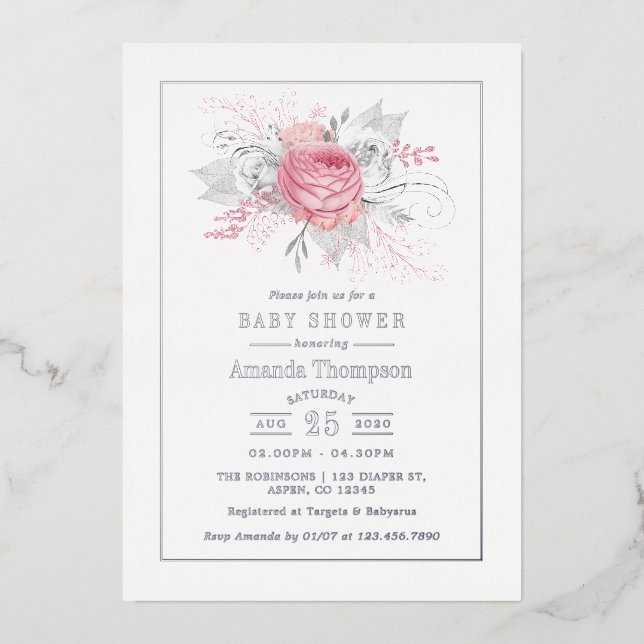Rosa, Silberblume und weiße Blütendusche Folieneinladung (Vorderseite)