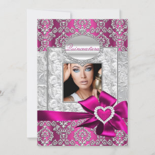 Rosa & silberne Damast Quinceanera-Ankündigungen Einladung