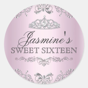 Rosa silberne Damast Tiara Sweet 16 Aufkleber