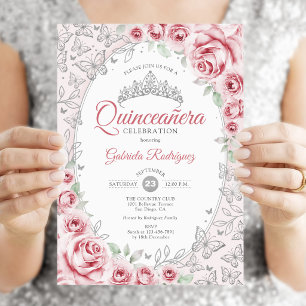 Rosa silberne Floral Quinceanera Einladung