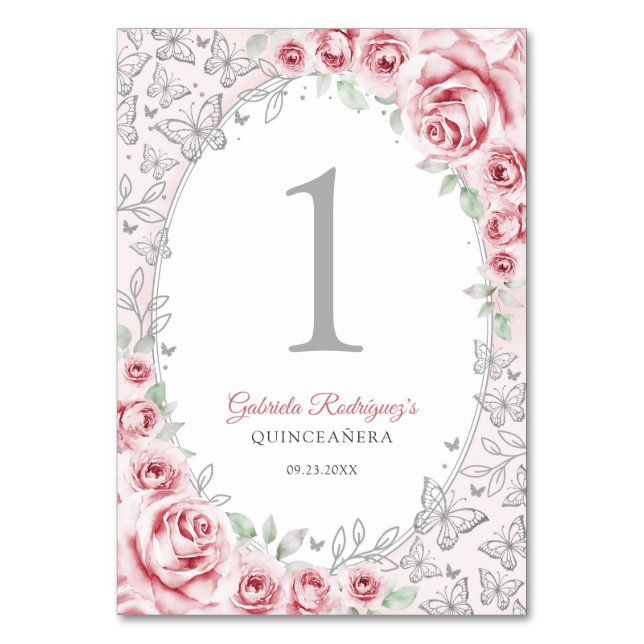 Rosa silberne Floral Quinceanera Tischnummer (Vorderseite)