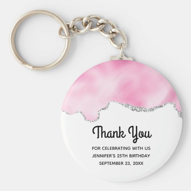 Rosa & Silberne Imitate Glitzer Border Stilvoll Ge Schlüsselanhänger (Vorne)