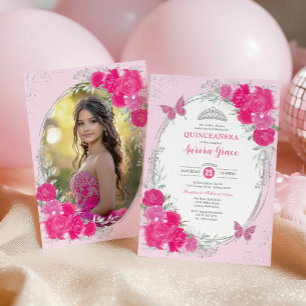 Rosa-silberne Quinceañera-Blume 15. Geburtstagsfot Einladung