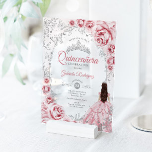 Rosa silberne Quinceanera-Blumen Acryleinladungen