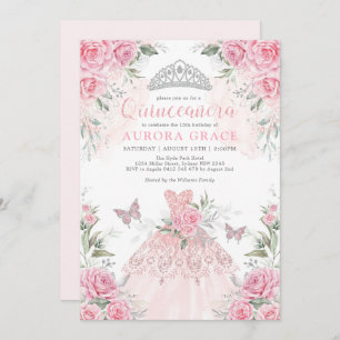 Rosa Silberne Rose Princess Crown Quinceañera Einladung