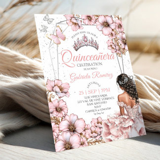 Rosa silberne Tiara Blumen Schmetterling Quinceañe Einladung