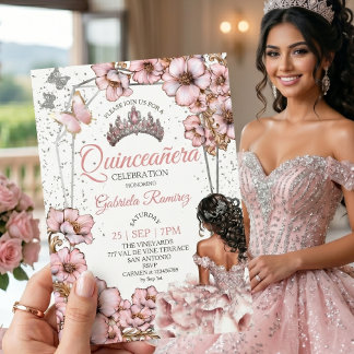Rosa silberne Tiara Blumen Schmetterling Quinceañe Einladung