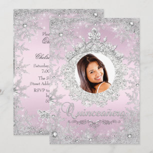 Rosa silberne Tiara-Schneeflocke-Funkeln-Quinceane Einladung