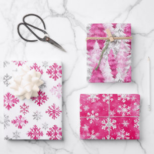 Rosa silberner Glamour-Schneeflocken-Weihnachtsbäu Geschenkpapier Set