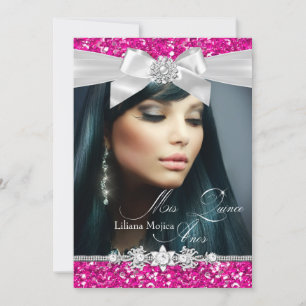 Rosa silberner Glitter-Bogen Foto Quinceanera Einl Einladung