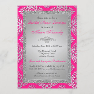 Rosa, Silberner Glitzer Damask Brautparty Einladun Einladung